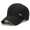 Classic black baseball cap with golden Sports Style metal logo and curved brim detail - Sports Letter Metal Badge / Black