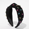 Black velvet knotted headband with multi-colored rhinestones on a clean white background - Velvet Rhinestone Knotted Style / Black