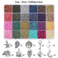 24-color 3mm seed beads kit with 12,000 pieces and 10 styles of silver metal charms - Pearlescent Beads + Alloy Accessories 503g