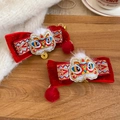Detail of red velvet lion dance hair clips with fluffy white fur and golden coin charms - Duckbill Clip - Red - Basic Style (Pair)
