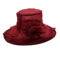 Elegant wine red organza sun hat for women featuring a large handmade floral decoration - One Size / Burgundy