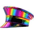 Rainbow metallic flat top laser PU leather hat for stage performances and parties - Rainbow Gradient