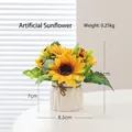 Artificial sunflower in white geometric ceramic pot with jute bow decoration, 16cm height - Sunflower - White Pot Artificial Flower Ornament