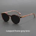 Retro round leopard frame sunglasses with grey lenses and light wood grain temples - Leopard Frame Grey Lens