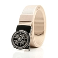 Beige nylon belt for men with black automatic buckle featuring sparkling rhinestone cross - Gun F151 Round Rhinestone Cross (Beige)