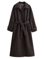 Detail of dark brown wool coat showing waist belt texture and long sleeve tailoring - XS / Coffee
