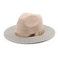 Detail of two-tone woven panama straw hat with a decorative gold mirror buckle accent - M(56-58cm) / Pink+Grey