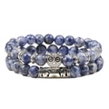 Blue and white marble natural stone bead bracelets with silver owl and metal tube charms - White Dot Blue Set 1