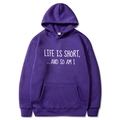 Sweat à capuche violet avec slogan Life Is Short blanc imprimé et poche kangourou pratique - Violet