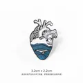 Creative whale heart enamel pin with blue sea waves, dimensions 3.2cm x 2.2cm - Whale Heart
