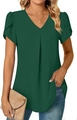 Detail of dark green V-neck chiffon blouse featuring elegant ruffle sleeves and front pleats - S / Green