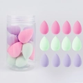 Set of 12 multi-color teardrop makeup sponges in a clear storage jar for wet and dry use - 12Pcs Jar Pink Green Purple