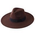 Classic wide-brim wool felt fedora in dark brown with elegant black grosgrain ribbon - One Size 58cm Circumference / Coffee