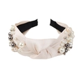Beige knotted fabric headband featuring white pearls and metallic beads finish - Champagne