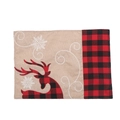 Mantel individual navideño con bordado de reno y patrón de cuadros rojos en lino - Patrón de Alce