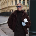 Women's dark brown fleece jacket paired with blue leather gloves and a white pouch bag - S / Brown