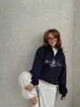 Street style oversized navy half-zip sweatshirt with British Heritage print for women - S / Black (Thin Style)