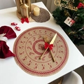 Round jute Christmas placemat with red festive patterns and rustic pom-pom trim design - Style 4 Red