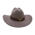 Chapeau de cowboy en feutre gris-brun avec tête de taureau dorée et ruban en cuir - Gris
