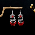 Bohemian retro silver drop earrings with vintage red stones and beads hanging on wood - Retro Silver + Red Beads + Red Stone (E5359-2)