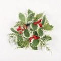 Weihnachtlicher Kerzenring mit roten Beeren, weißrandigen Stechpalmenblättern und Blüten - Rote Beeren Weiß Umrandetes Blatt Kerzenring (Ohne Kerze)