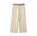 Pantalón beige de pierna ancha a la moda con cintura alta y cinturón negro en fondo blanco - S / Blanco Roto