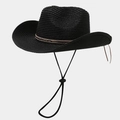 Detail of black straw cowboy hat featuring snake pattern band and adjustable chin strap - One Size / Black