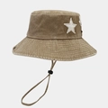 Detail of vintage washed cotton bucket hat featuring white star patch and chin strap - One Size / Khaki