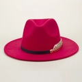 Magenta wool fedora hat for women and men with black belt and golden leaf buckle ornament - M(56-58cm) / Red