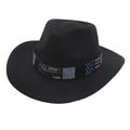 Close-up of black felt cowboy hat featuring American flag band and bronze eagle emblem - M (56-58cm) / Black