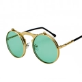 Steampunk flip-up round sunglasses with gold metal frame and green lenses - Gold Frame Ocean Green Lenses (C9)