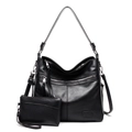 Detailed view of 2-piece black tote set featuring vintage PU leather and functional zippers - Two-Piece Set / Black