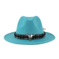 Elegante cappello fedora in lana turchese con fascia etnica e testa di toro d'argento - Adulto 58cm Taglia Unica / Celeste