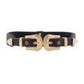Ceinture élastique en cuir noir avec double boucle vintage dorée gravée sur fond blanc - Sangle Noire Boucle Dorée