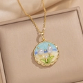 Franse vintage gouden ketting met emaille bloemen hanger en witte parels - Blauw
