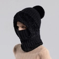 Cagoule 3-en-1 en tricot noir pour femme avec pompon en fourrure et doublure polaire - Noir