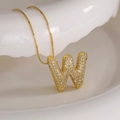 Gold pendant necklace with zircon micro-paved letter W charm on a box chain - Letter W (Box Chain)