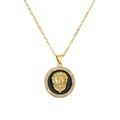 Gold lion head pendant necklace with black enamel and crystals on white background - Gold Black Base