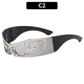 Y2K Wrap-Sonnenbrille C2 mit silbernem Bionik-Gitterrahmen und dunkelgrauem Einzelglas - Schwarzer Rahmen Silberne Verspiegelte Gläser