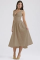 Elegant khaki sleeveless V-neck maxi dress with ruched bust and flared skirt detail - Coffee
