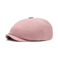Vintage style pink octagonal newsboy cap in twill fabric for women with side view angle - Pink