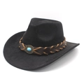 Black wide brim felt cowboy hat with turquoise stone and braided brown leather band - M (56-59cm) / Black (Suede)