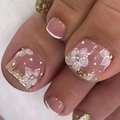 Pink jelly press-on toenails with white 3D flowers, French tips and gold glitter accents - No Accessories Style / X-0327 Toe Pink 3D Flower