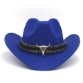Detail of royal blue felt cowboy hat with colorful ethnic band and silver bull skull - M (56-58cm) / Blue