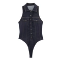 Dunkelblauer Jeans-Bodysuit in schmaler Passform mit ärmellosem Design, Revers und Metallknöpfen - XS / Dunkelblau