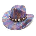 Rainbow holographic snake skin cowboy hat with shell band and curved brim detail - M(56-58cm) / Purple