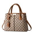 Brown checkered handbag in PU leather with adjustable shoulder strap and top handles - Checkerboard / Off White