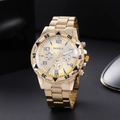 Men's luxury gold alloy steel quartz watch with large dial and multi-functional chronograph - Gold Steel Strap Gold Dial
