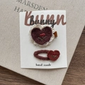 Brown knitted heart hair clip and elastic tie set with white lace for girls - Dark Coffee Heart Hair Accessory Set