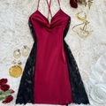 Elegant burgundy satin nightdress with black lace trim and cowl neck design - S / Red